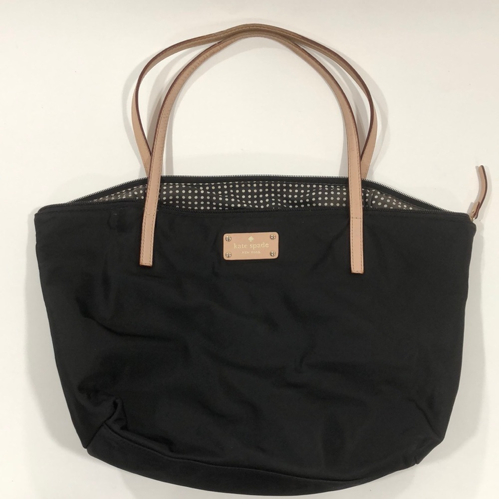 Kate Spade black nylon tote bag with pink/beige leather trim and polkadot inside